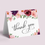 Elegant Floral 80th Birthday Party Thank You Card<br><div class="desc">Elegant 80th birthday party thank you card featuring "Thank You" in a chic script and watercolor bouquets of burgundy red and blush pink florals with sage greenery. Personalise your thank you message and signature on the inside,  or leave blank for a handwritten note.</div>