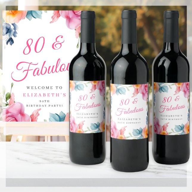 Elegant Floral 80th Birthday Party  Wine Label (Creator Uploaded)