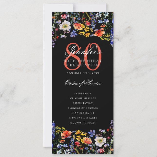Elegant Floral 80th Birthday Program Black Invitation (Front)