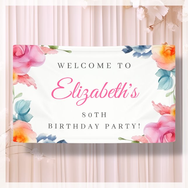 Elegant Floral 80th Birthday Welcome Banner (Creator Uploaded)