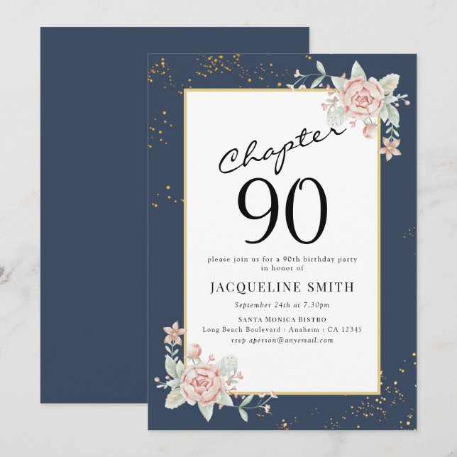 Elegant Floral 90th birthday Invitation (Front/Back)