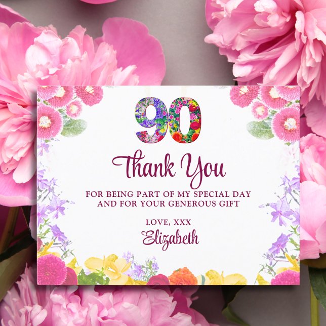 Elegant Floral 90th Birthday Party / 90 Thank You Postcard (Creator Uploaded)