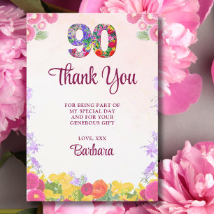 Elegant Floral 90th Birthday Party / 90 Years Thank You Card