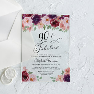 Elegant Floral 90th Birthday Party Acrylic Invitations