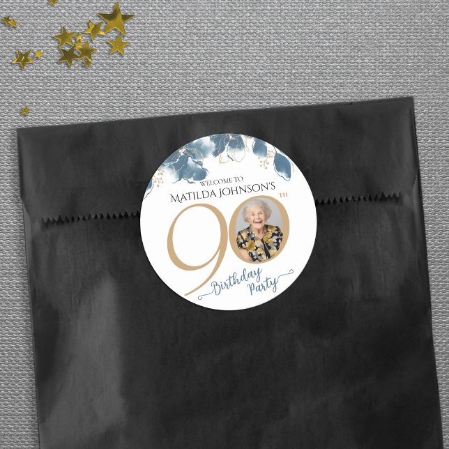 Elegant Floral 90th Birthday Party Favour Classic Round Sticker (Elegant Floral 90th Birthday Party Favor Classic Round Sticker)