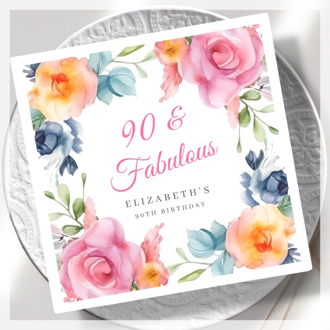 Elegant Floral 90th Birthday Party  Napkin (Creator Uploaded)