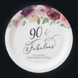 Elegant Floral 90th Birthday Party Paper Plate<br><div class="desc">Elegant paper plates for her 90th birthday party with "90 & Fabulous" in a calligraphy script and watercolor bouquets of burgundy red,  blush pink and purple florals.</div>