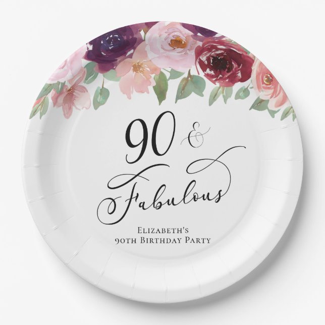 Elegant Floral 90th Birthday Party Paper Plate (Front)