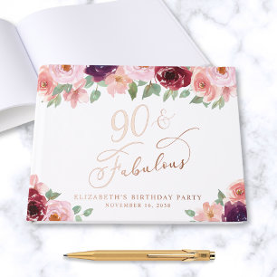 Elegant Floral 90th Birthday Party Rose Gold Guest Book