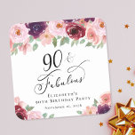 Elegant Floral 90th Birthday Party Square Paper Coaster<br><div class="desc">Elegant coaster for her 90th birthday party featuring "90 & Fabulous" in a chic calligraphy script and watercolor bouquets of burgundy red and blush pink florals with sage greenery.</div>
