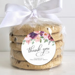 Elegant Floral 90th Birthday Party Thank You Classic Round Sticker<br><div class="desc">Elegant and chic personalised thank you stickers for your 90th birthday party favours and thank you cards featuring "thank you" in a chic calligraphy script and watercolor bouquets of burgundy red and blush pink florals with sage greenery. Personalise with your name.</div>