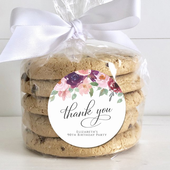 Elegant Floral 90th Birthday Party Thank You Classic Round Sticker (Creator Uploaded)