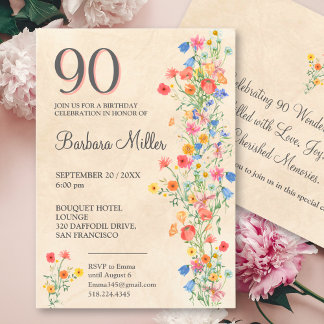 Elegant Floral 90th Birthday Party Wildflowers Invitation