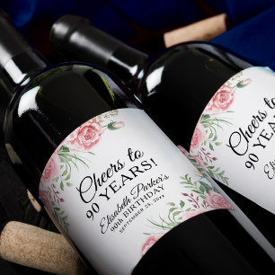 Elegant floral 90th birthday party wine label