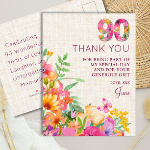 Elegant Floral 90th Birthday Thank You for Her Announcement Postcard