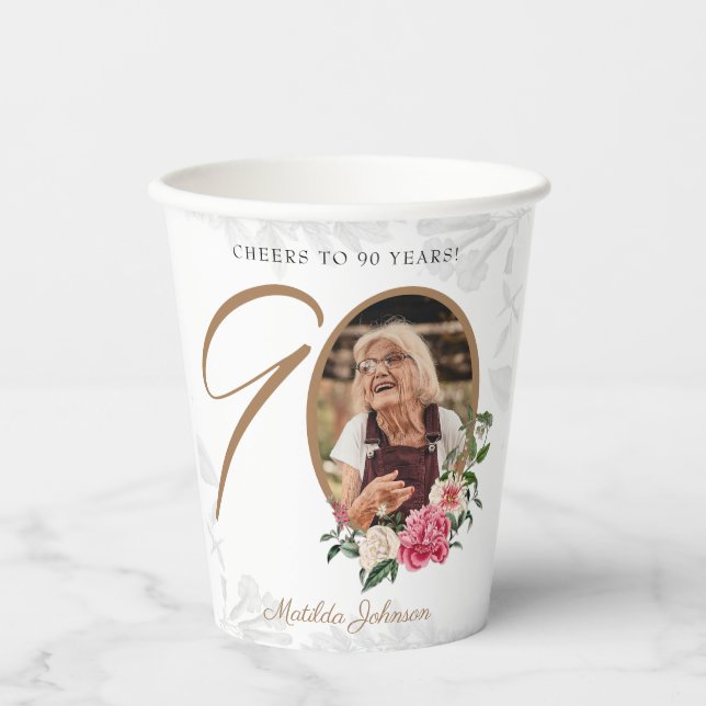 Elegant Floral 90th Birthday White Gold Custom Paper Cups (Front)