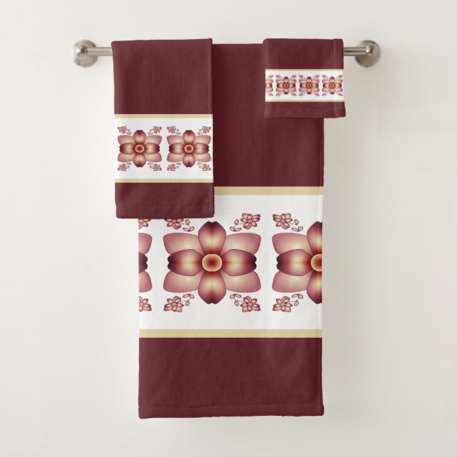 Elegant Floral Accented Burgundy Bath Towel Set (Insitu)