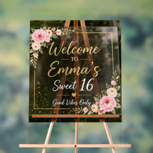 Elegant Floral Acrylic Welcome Sign for Sweet 16