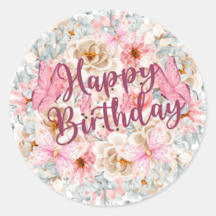 Elegant Floral and Butterfly Birthday Sticker