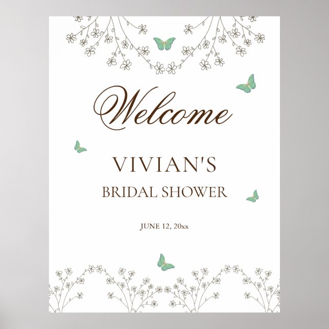Elegant floral and Butterfly Bridal Shower Welcome Poster (Front)