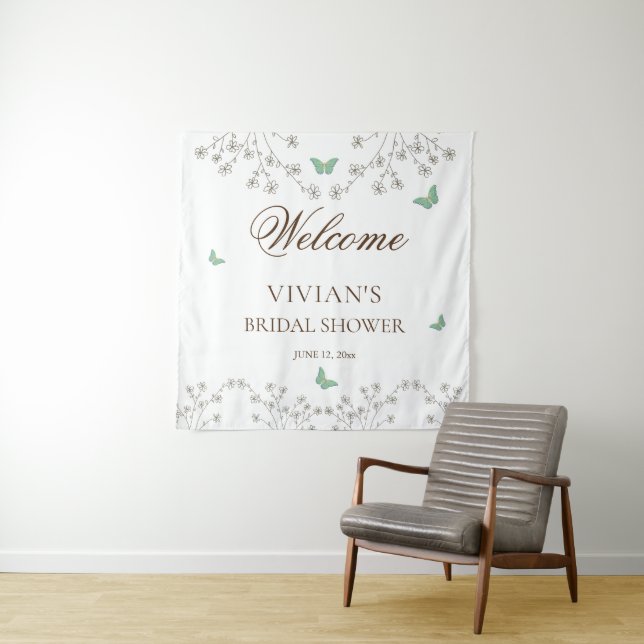 Elegant floral and Butterfly Bridal Shower Welcome Tapestry (In Situ)
