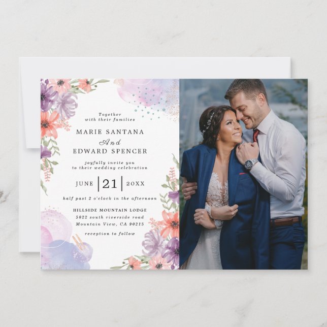 Elegant Floral and Couple Photo wedding Invitation (Front)
