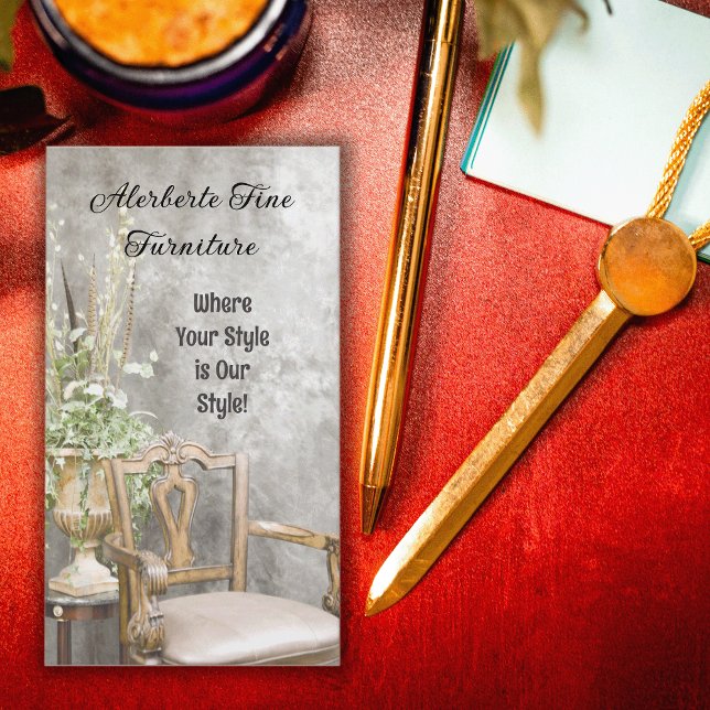 Elegant Floral and Fancy Chair Vertical Business Card (Elegant business card with a chair and floral arrangement will be perfect for furniture stores.)