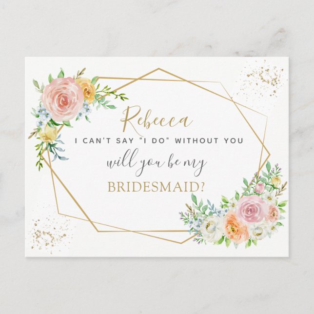 Elegant Floral and gold BRIDESMAID proposal Invitation Postcard (Front)