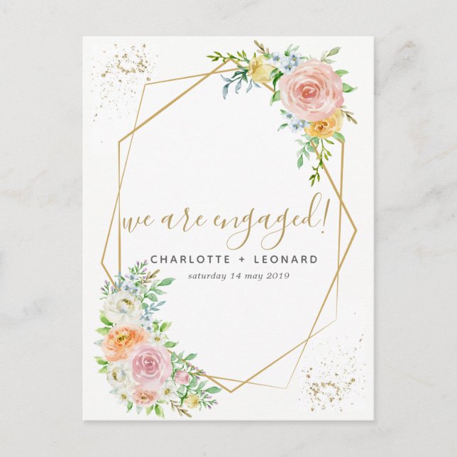 Elegant Floral and gold engagement postcard (Front)