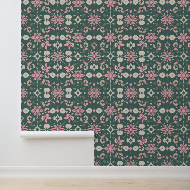 Elegant Floral and Leaf Motif Pattern Wallpaper (Application)