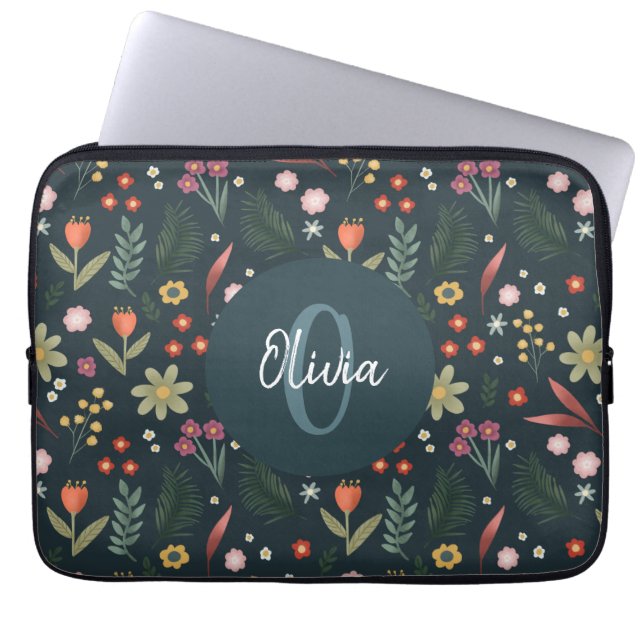 Elegant Floral and Modern Monogram Botanical Laptop Sleeve (Front)