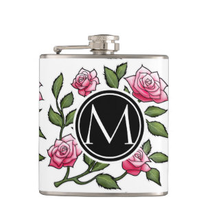 Elegant Floral and Monogram Hip Flask
