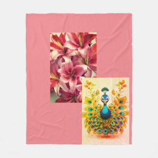 "Elegant Floral and Peacock Print  Fleece Blanket