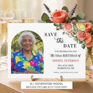 Elegant Floral and Photo 101st Birthday Party Save The Date