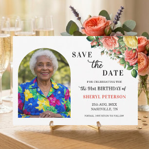 Elegant Floral and Photo 91st Birthday Party  Save The Date