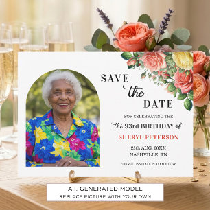 Elegant Floral and Photo 93rd Birthday Party Save The Date