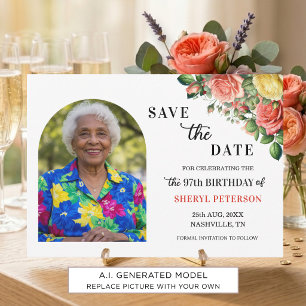 Elegant Floral and Photo 97th Birthday Party Save The Date