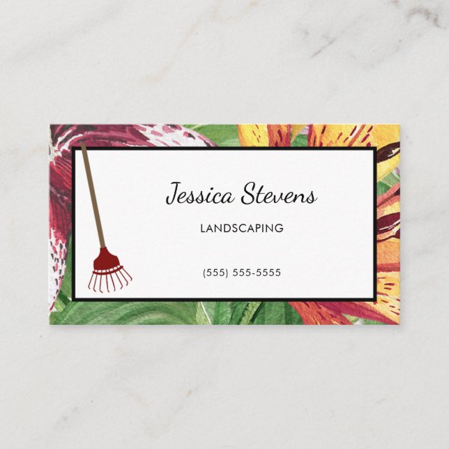 Elegant Floral and Rake Landscape and Design Business Card (Front)