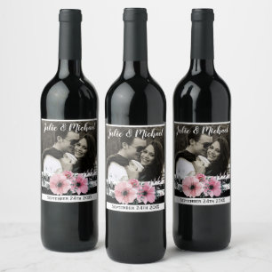 Elegant Floral and Stripes Custom Photo Wedding Wine Label