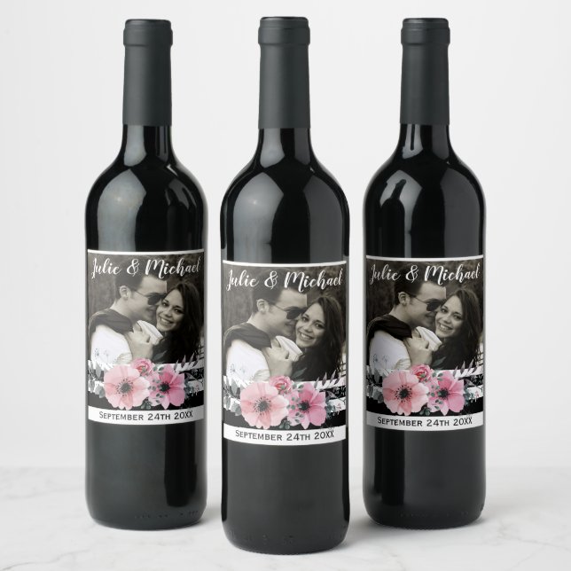 Elegant Floral and Stripes Custom Photo Wedding Wine Label (Bottles)