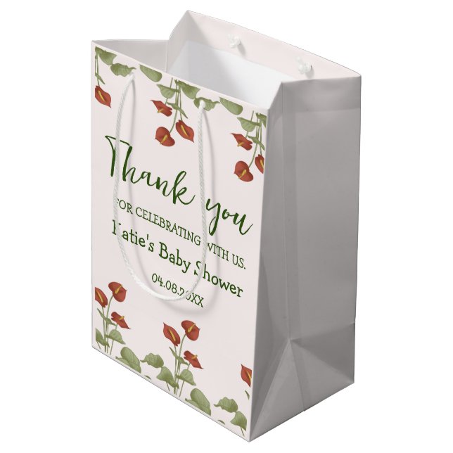 Elegant floral anthurium baby shower message medium gift bag (Back Angled)