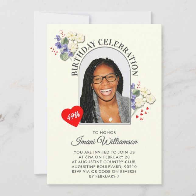 Elegant Floral ANY AGE Photo Birthday  Invitation (Front)