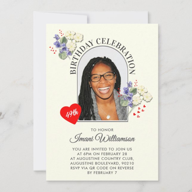 Elegant Floral ANY AGE Photo FEBRUARY Birthday Invitation (Front)