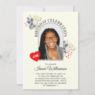 Elegant Floral ANY AGE Photo FEBRUARY Birthday Invitation