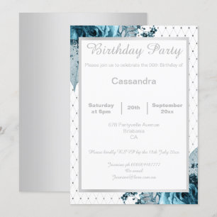 ELEGANT FLORAL AQUA BLUE SILVER NETTING BIRTHDAY INVITATION