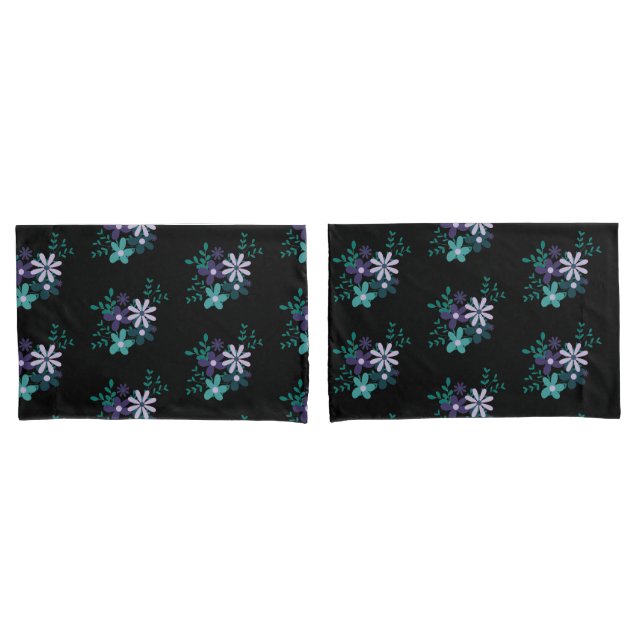 Elegant floral aqua green purple violet Dark BG Pillowcase (Front-Set)