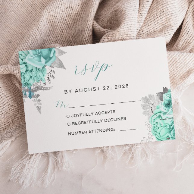 Elegant Floral Aqua Silver Script Wedding RSVP Card (Creator Uploaded)