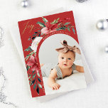 Elegant Floral Arch and Photo Holiday Card<br><div class="desc">These beautiful holiday photo cards feature your favourite personal photo on the front, surrounded by a modern arch shape full of classic watercolor Christmas poinsettias, flowers, and greenery and gold script calligraphy that says "joy" on a festive red background. Traditional and elegant red green and white floral illustrations decorate both...</div>