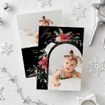 Elegant Floral Arch and Photo Holiday Card<br><div class="desc">These beautiful holiday photo cards feature your favorite personal photo on the front, surrounded by a modern arch shape full of classic watercolor Christmas poinsettias, flowers, and greenery and gold script calligraphy that says "joy" on a dark black background. Traditional and elegant red green and white floral illustrations decorate both...</div>