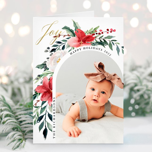 Elegant Floral Arch and Photo Holiday Card (Creator Uploaded)